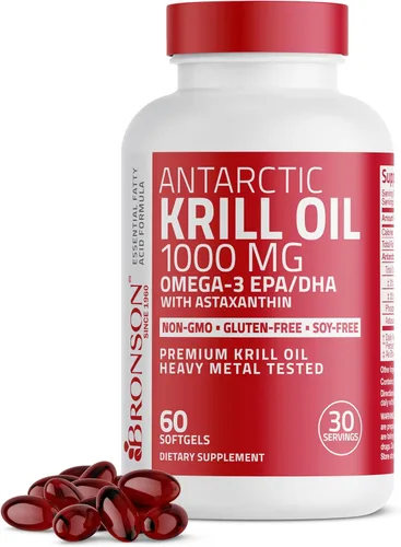 Bronson Aceite de krill antártico 1000 mg con omega-3 EPA, DHA, astaxantina y fosfolípidos 60 cápsulas blandas de Bronson Labs
