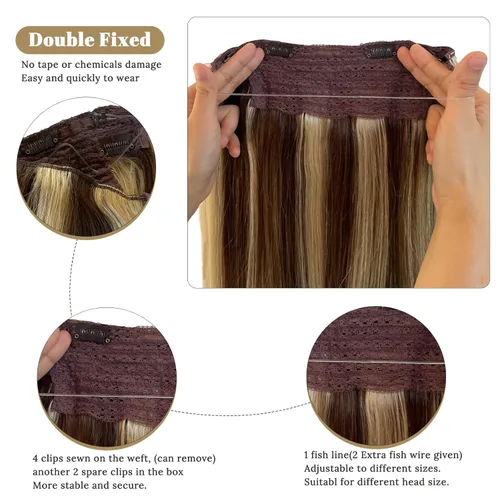 Vista 3 de Halos - Extensiones de cabello humano real rubio, extensiones de cabello humano con línea de pescado, extensiones de cabello humano rubio 613