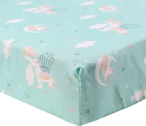 Vista 5 de Juego de ropa de cama de cuna de unicornio azul de 4 piezas, falda de edredón, sábana ajustable, cenefa, cuna, juego de ropa de cama