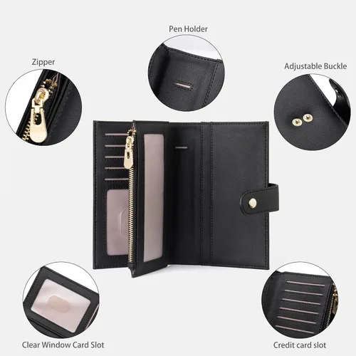 Vista 3 de Billetera con bloqueo RFID para mujer, delgada y delgada, de cuero plegable, funda de tarjetas de gran capacidad, cartera larga para mujer