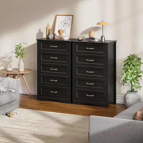 Vista 6 de Gizoon Cómoda de 5 cajones, cómoda de madera negra para dormitorio, gabinete de almacenamiento de gran capacidad de 43.3" con dispositivo