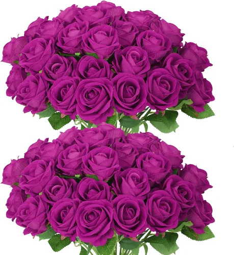 Vista 20 de 50 rosas artificiales, ramo de rosas rojas falsas, rosas rojas de seda artificial con tallos para decoración de flores de boda, día de San Valentín