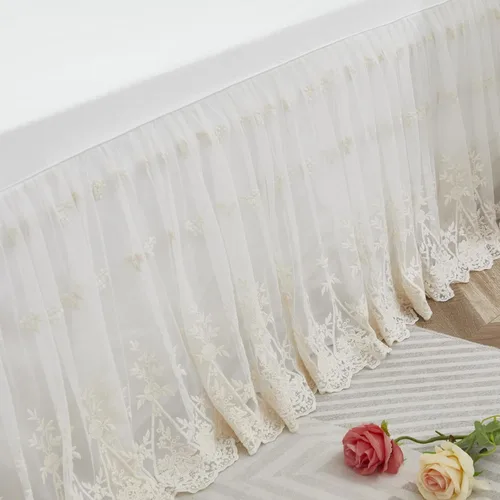 Brandream Falda de cama tamaño queen de lujo con encaje crema y blanco de 18 pulgadas, sábanas románticas para chicas, elegante sábana con faldón