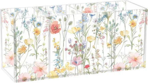 Vista 11 de CHIFIGNO Cute Blue and Red Gnomes Acrylic Pen Holder 4 Compartments Pencil Pen Holder for Desk Hair Brush Holder Decorative Desktop Organizer for