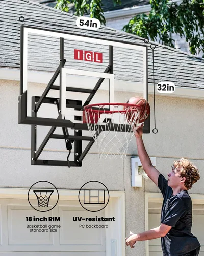Vista 2 de Aro de baloncesto de montaje en pared IGL, aro de baloncesto de 54 pulgadas para exteriores con tablero a prueba de roturas, altura ajustable de 7.5