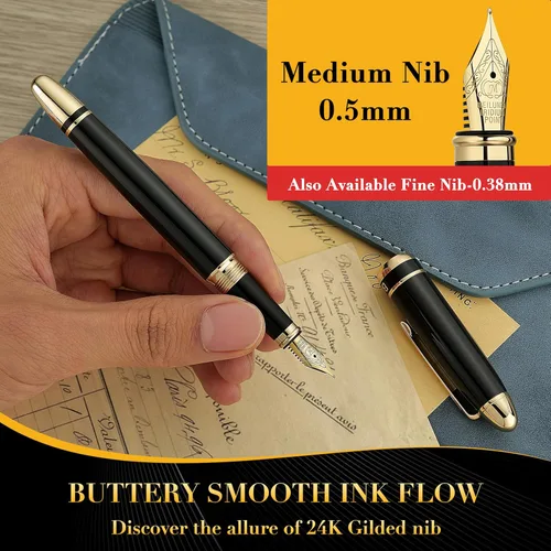 Vista 4 de BEILUNER 315 Pluma fuente negra – Impresionante pluma de lujo con acentos de oro de 24 quilates, hermosa punta dorada de 24 quilates (mediana)