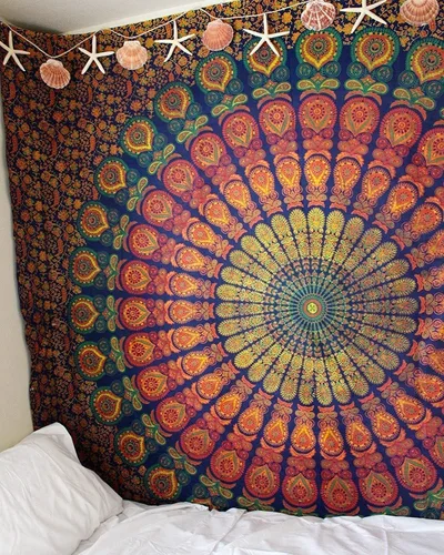 Vista 3 de Popular Handicrafts Tapiz de mandala hippie para colgar en la pared, diseño de pavo real indio, meditación, gitano, bohemio, hippie, psicodélico