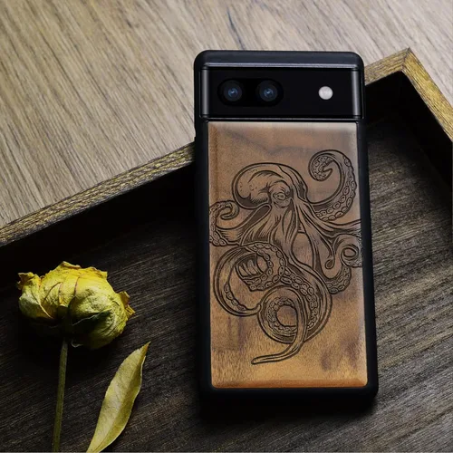 Vista 4 de Carveit Funda de madera para Pixel 6a [madera natural y TPU suave negro] a prueba de golpes, funda de madera única compatible con Google Pixel 6a