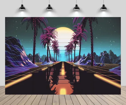 5x3ft Retro Futuristic 80s Backdrop Retrowave Neon Lights Road Tropical Trees Mountain Sun Starry Sky Background Cyberpunk Video Game Punk Birthday