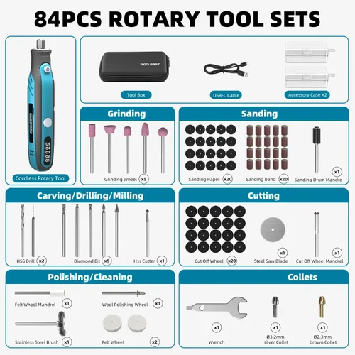 Vista 4 de Kit de herramientas rotativas inalámbricas – Herramientas rotativas eléctricas de 5 velocidades con 84 accesorios, herramienta rotativa de potencia