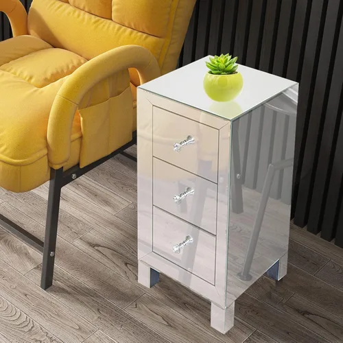 Vista 29 de HomVent Mesita de noche con espejo, mesa auxiliar con espejo, mesa de noche pequeña de cristal plateado para dormitorio, sala de estar