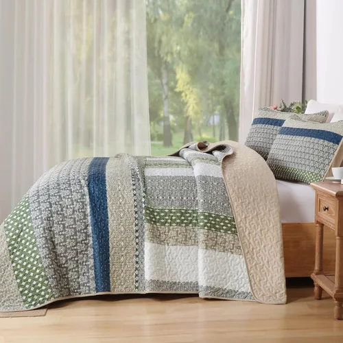 Vista 3 de WONGS BEDDING Juego de edredón Boho tamaño Queen, juegos de colcha a rayas bohemio de 3 piezas, juego de ropa de cama acolchada en verde caqui