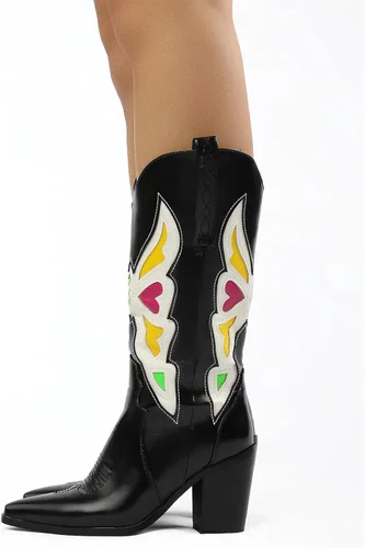 Vista 3 de Botas vaqueras bordadas estilo vaquero para mujer, botas de media pantorrilla, botas de tacón grueso