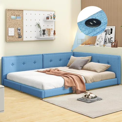 Vista 123 de Sofá cama de tamaño individual con 2 cajones y barandilla rústica, cama de plataforma capitán de madera con soporte de listones resistente, sofá