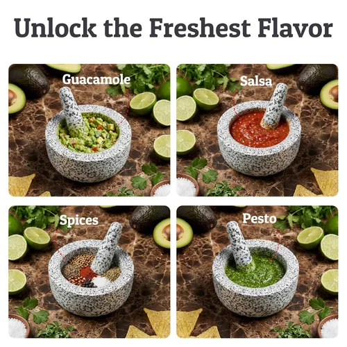 Vista 6 de Priority Chef Juego de mortero y mortero de granito natural extra grande de servicio pesado, 4 tazas, tallado a mano, haz guacamole fresco, salsa