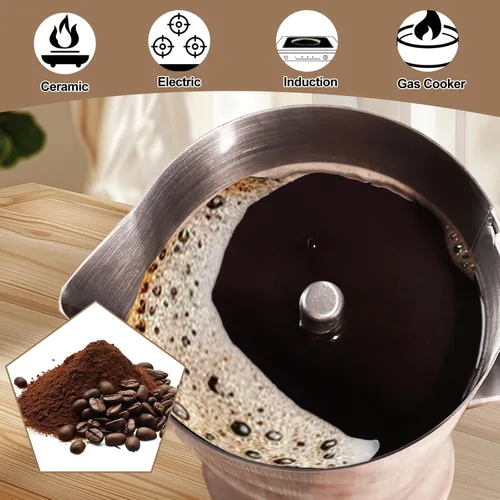 Vista 5 de Cafetera Moka Pot 304 sin recubrimiento de acero inoxidable grueso para estufa, cafetera de café expreso, estilo clásico italiano, Greca, Café