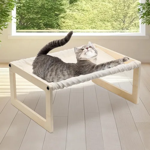 Cama elevada para gatos marco de madera elevado con cojín fino transpirable, diseño respetuoso con el verano, extraíble y lavable, uso en interiores