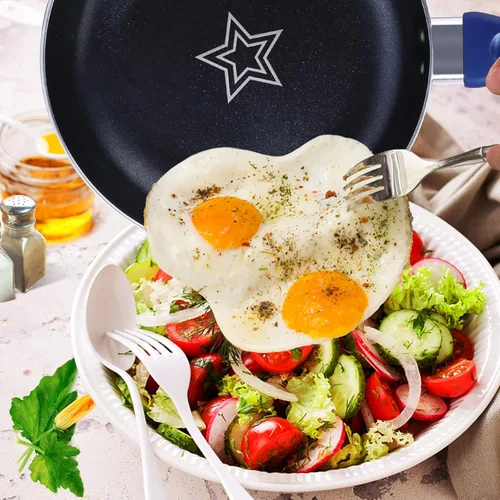 Vista 8 de Masthome Soporte ajustable para sartenes con 7 divisores y juego de utensilios de cocina de aluminio de 8 y 10 pulgadas con mango de agarre suave.