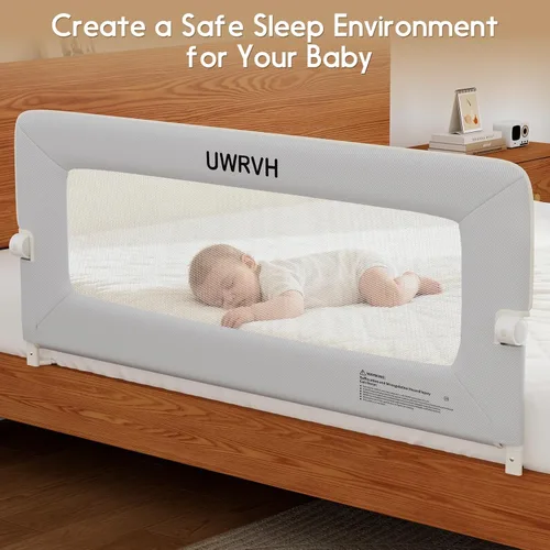 Vista 7 de Riel de cama para niños pequeños, riel plegable de 33 pulgadas, base en forma de T sin taladrar con bloqueo de seguridad, tela 3D suave, protector