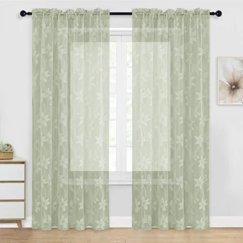 Vista 45 de DWCN Cortinas traslúcidas para cocina, bolsillo para barra de encaje floral beige, 52 x 36 pulgadas, 2 paneles Encaje Beige