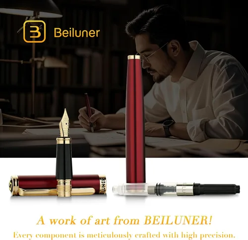 Vista 6 de BEILUNER - Pluma estilográfica color borgoña, detalles de oro de 24 rojo y dorado