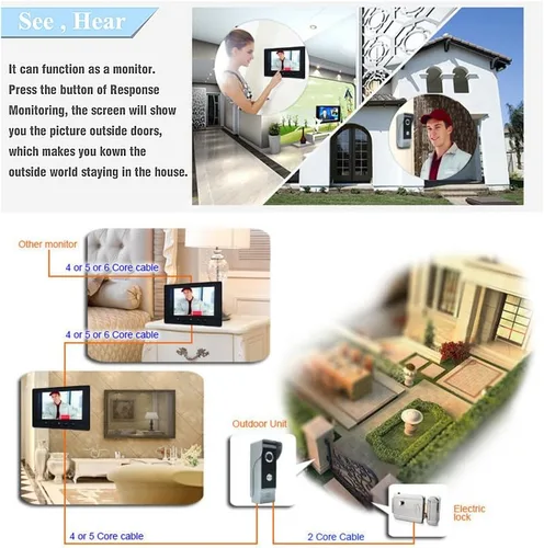 Vista 3 de Sistema de Intercomunicación de Video, Sistema de Timbre de Video de Puerta de 7 Pulgadas, Sistema de Teléfono de Puerta, Kits de Cámara HD de Video