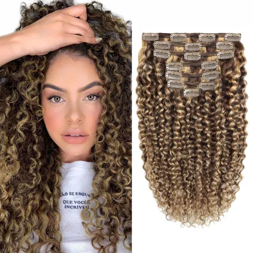 Vista 11 de Caliee 3B 3C Jerry Curly Extensiones de cabello humano con clip, Extensiones de cabello rizado de 12 pulgadas, Extensiones de cabello naturales