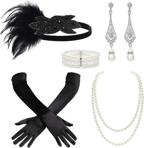 BABEYOND - Accesorios estilo 1920s, Set de accesorios para disfraz Gatsby de los años 20s, diadema Flapper, collar de perlas, guantes, soporte de
