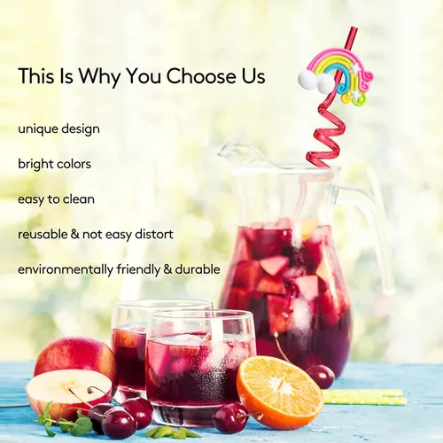 Vista 5 de Suministros para fiesta de cumpleaños de arco iris, pajitas de plástico para beber, 24 para niños y niñas, decoraciones de fiesta de nube arcoíris