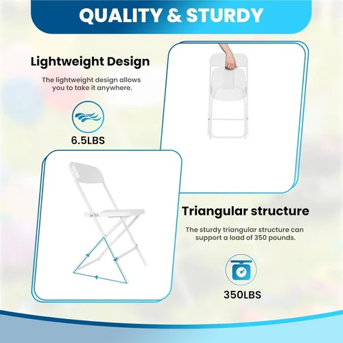 Vista 6 de 10 sillas plegables blancas, apilables, marco de acero resistente que soporta 350 libras, para uso en interiores y exteriores en eventos, bodas