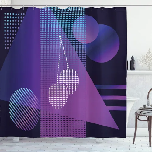 Ambesonne Synthwave Shower Curtain, Modern Design Illustration of Geometric Shapes Dots and Cherry, Cloth Fabric Bathroom Decor Set with Hooks, 69"
