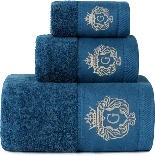 Vista 40 de Juego de toallas de baño de lujo súper suaves y altamente absorbentes de 100% algodón premium para regalos (Azul-A)