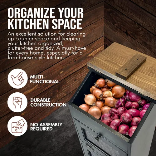 Vista 4 de Peaceful Classics Papelera de pan de madera, papelera decorativa para cebollas, papelera de verduras de madera con tapa para despensa de cocina, moka