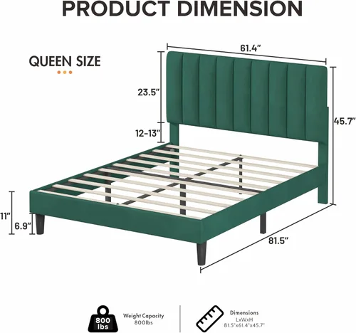 Vista 2 de Base de cama Queen con cabecera ajustable, plataforma tapizada de terciopelo verde, canal vertical acolchonado, listones de madera resistentes, sin