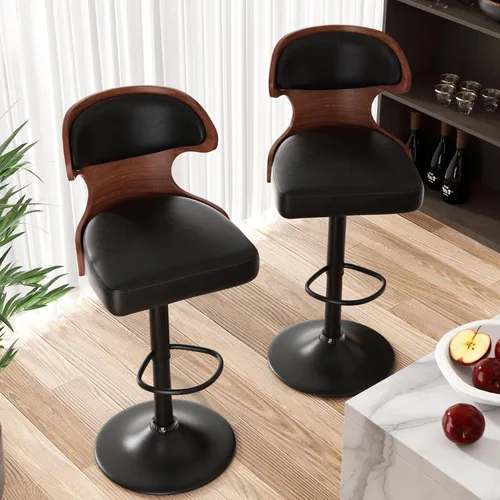 Vista 37 de Juego de 1 taburete de bar con altura ajustable de 24.5 a 33.5 pulgadas, taburetes de bar giratorios de madera curvada con respaldo y reposapiés