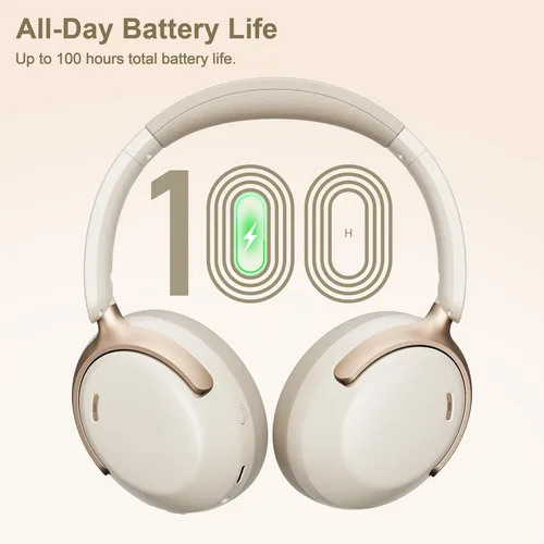 Vista 5 de LORELEI QC30 Auriculares híbridos con cancelación activa de ruido, Bluetooth inalámbrico sobre la oreja, piel proteica beige, control activo