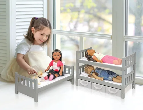 Vista 5 de Badger Basket Toy 1-2-3 Litera convertible para muñecas con cestas de almacenamiento y kit de personalización para muñecas de 20 pulgadas - Gris