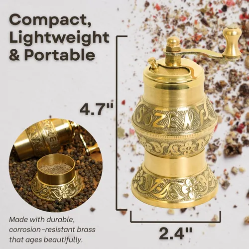 Vista 3 de Sozen - Molinillo de pimienta manual de latón de 4.7 pulgadas, molinillo de pimienta turca hecho a mano, molinillo de especias cónico, molinillo