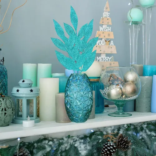 Vista 6 de Plantas decorativas artificiales, 20 piezas de hojas artificiales, flores brillantes con purpurina artificial para Navidad, invierno, corona, boda