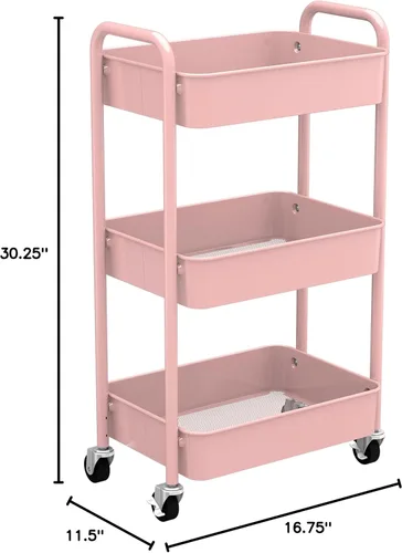 Vista 5 de CAXXA 3-Tier Rolling Metal Storage Organizer - Mobile Utility Cart with Caster Wheels, Pink