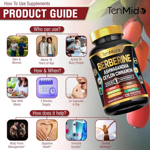 Vista 6 de Suplemento de berberina – Fórmula 10 en 1 con Ashwagandha, canela de Ceilán, cúrcuma, Panax Ginseng, olmo resbaladizo, hinojo, té verde y más