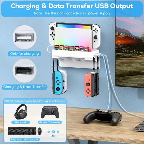 Vista 5 de Kit de montaje en pared para Nintendo Switch y OLED, soporte de consola de muelle de interruptor, accesorios de interruptor con 7 modos de luz, 7