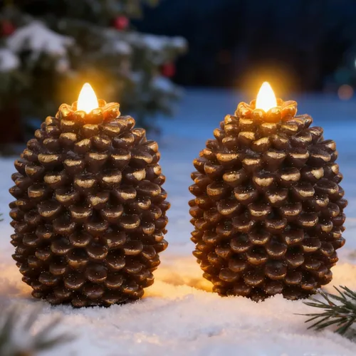 Eldnacele Velas sin llama con cono de pino que funcionan con pilas con temporizador de 6 horas, sin perfume, cera real, mecha plana, piña,