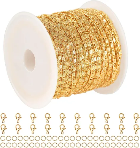 Vista 10 de YOUBEIYEE Cadenas de oro claro de 10 metros (32.8 ft) para hacer joyas, latón chapado en oro de 18 quilates, cadena de eslabones de corazón plano