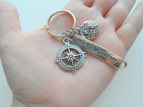 Vista 2 de Enjoy the Journey Compass & Globe Charm Keychain - Graduation Keychain, Encouragement Keychain
