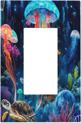 Vista 19 de Placa decorativa para interruptor de luz, medusas, tortugas marinas, fantasía, océano, 2 bandas, 1 palanca, 1 placa de pared dúplex, cubiertas
