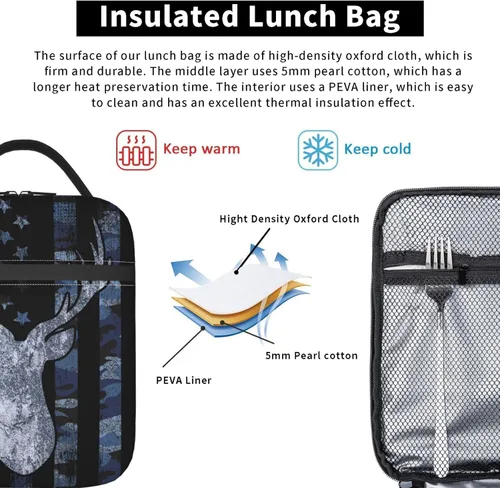 Vista 5 de Gianlaima Bolsa de almuerzo con diseño de camuflaje de camuflaje y bandera estadounidense, bolsa de almuerzo aislada portátil, reutilizable, bolsa