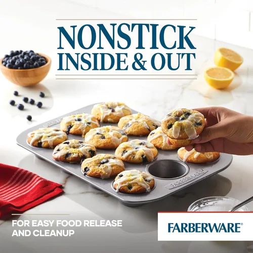 Vista 4 de Farberware, utensilio para hornear antiadherente, asadera para muffins (12 copas), color gris, Sartén para muffins, 12 tazas, ninguno , Gris