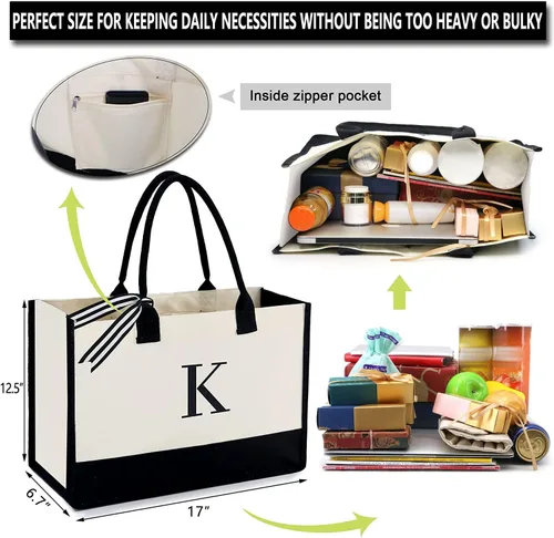 Vista 6 de BeeGreen Bolsa de playa de lona personalizada con monograma, para mujer, 13 onzas, bolsa de regalo de boda, bolsa de bordado con inicial, regalos