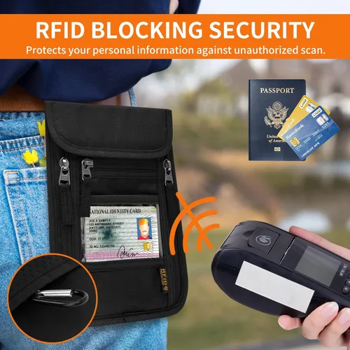 Vista 5 de Cartera de cuello para viajes, bolsa de cuello para pasaporte para hombres y mujeres con correa ajustable para el cuello y bloqueo RFID